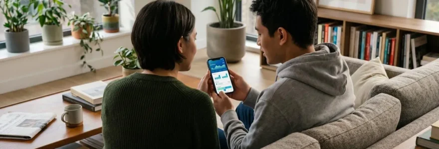 Deux personnes assises côte à côte sur un canapé contemporain consultent ensemble une application bancaire sur un smartphone tenu à mi-hauteur