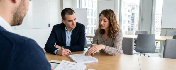 Un formateur et un jeune apprenti consultent ensemble un document administratif dans une salle de formation lumineuse et contemporaine