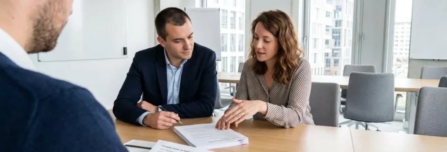 Un formateur et un jeune apprenti consultent ensemble un document administratif dans une salle de formation lumineuse et contemporaine
