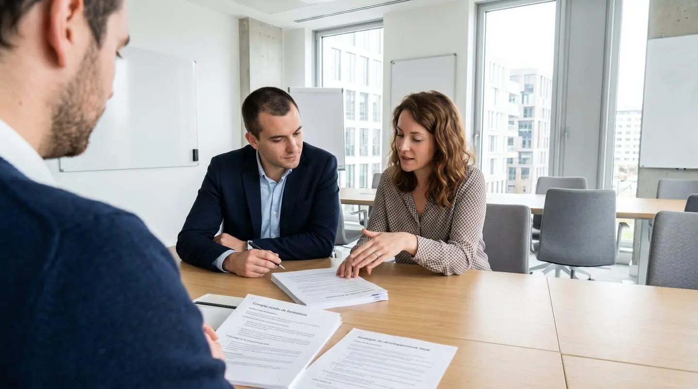 Un formateur et un jeune apprenti consultent ensemble un document administratif dans une salle de formation lumineuse et contemporaine