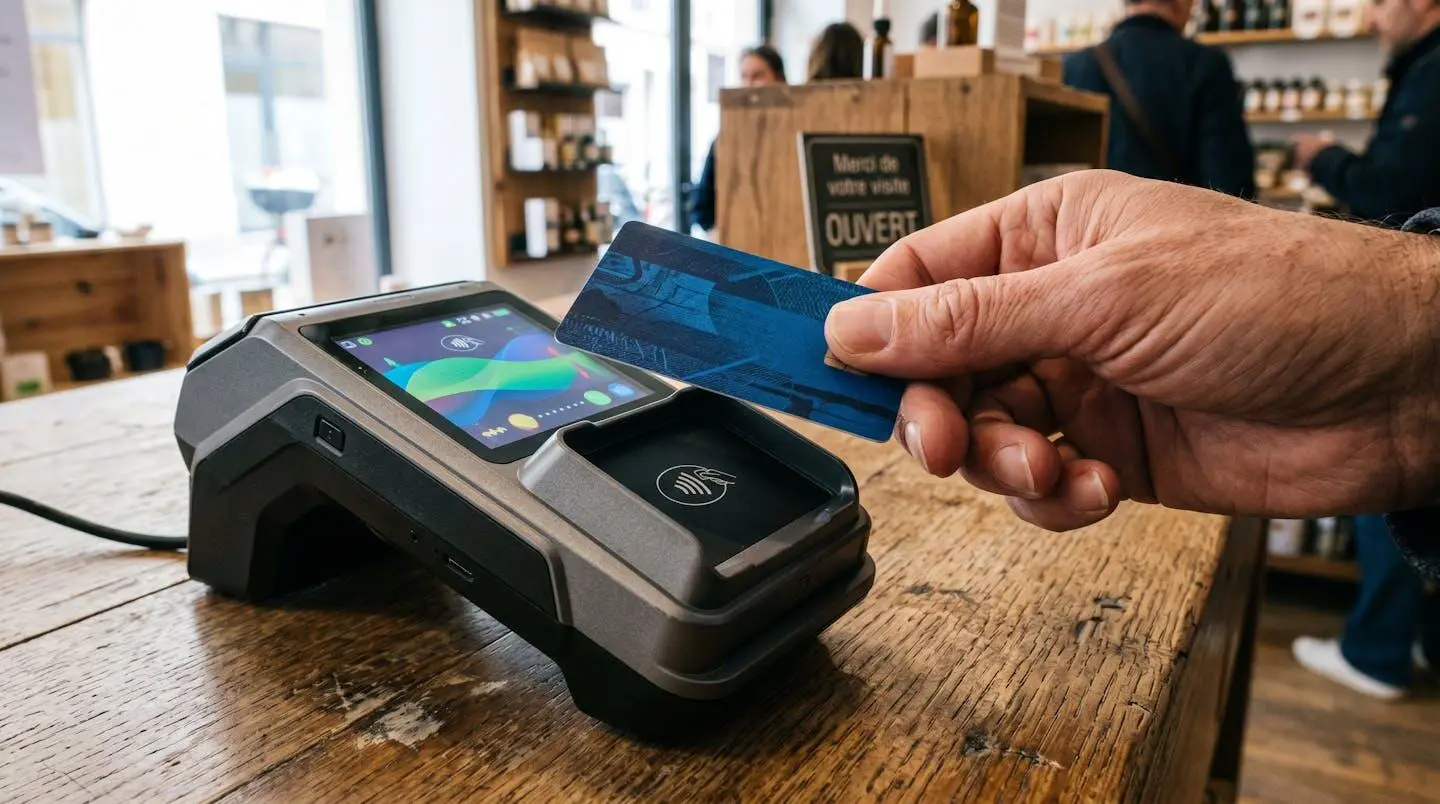 Main tenant une carte bancaire Visa bleue au-dessus d'un terminal de paiement sans contact moderne posé sur un comptoir en bois