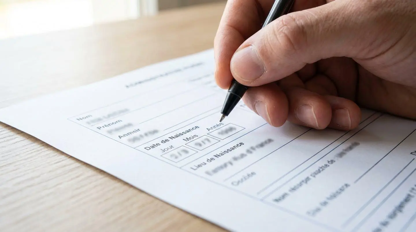 Gros plan d'une main tenant un stylo au-dessus d'un formulaire administratif avec un champ date de naissance visible, le texte étant complètement flouté