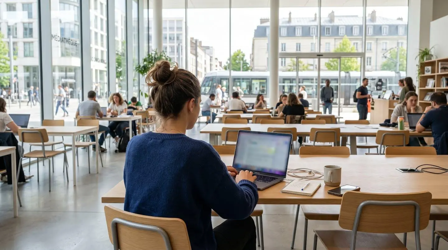 Une personne vue de dos consulte un site web sur un ordinateur portable dans un espace de co-working lumineux, l'écran étant complètement flouté