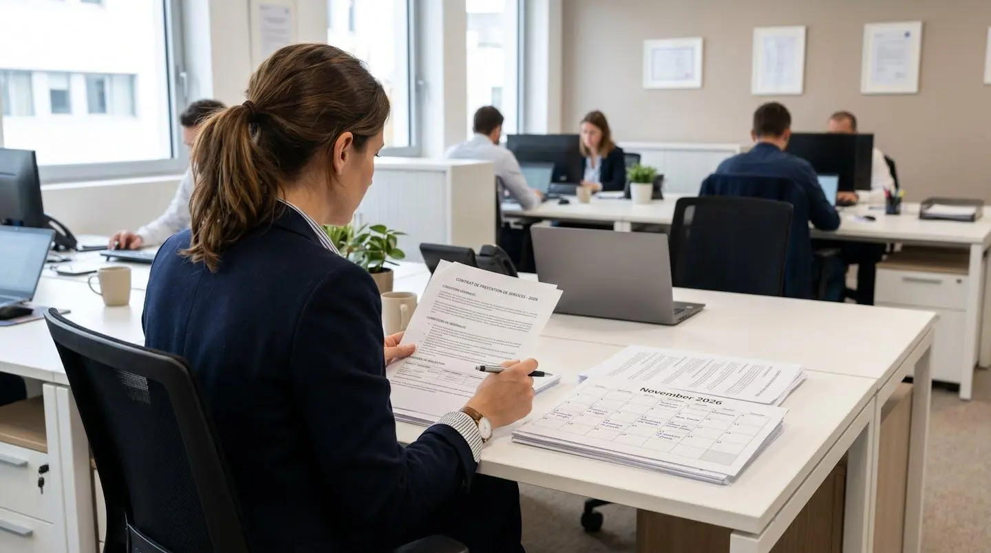 Une personne seule consultant un calendrier et des documents contractuels dans un bureau sobre