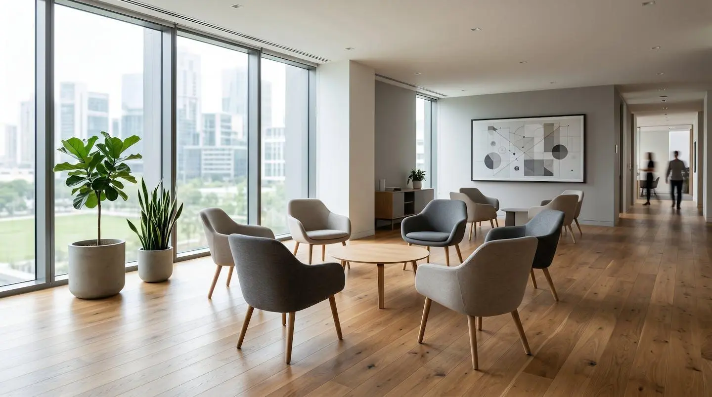 Salle de réunion contemporaine avec chaises en tissu gris disposées en cercle autour d'une table basse, baignée de lumière naturelle provenant d'une grande baie vitrée