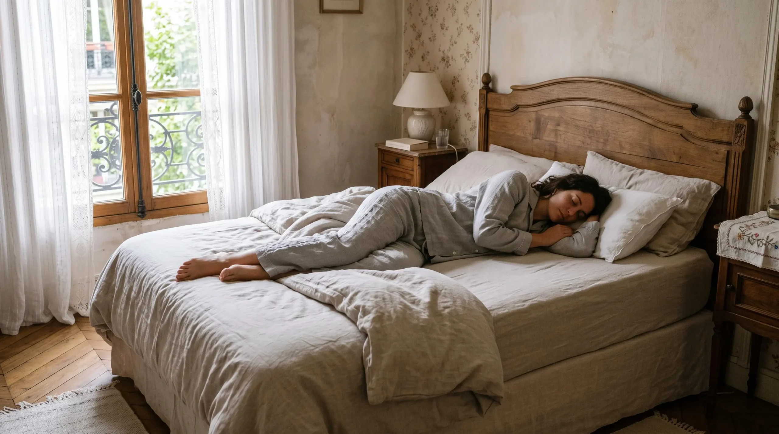 Une personne dort sur le côté sur un matelas moelleux, la colonne bien alignée.