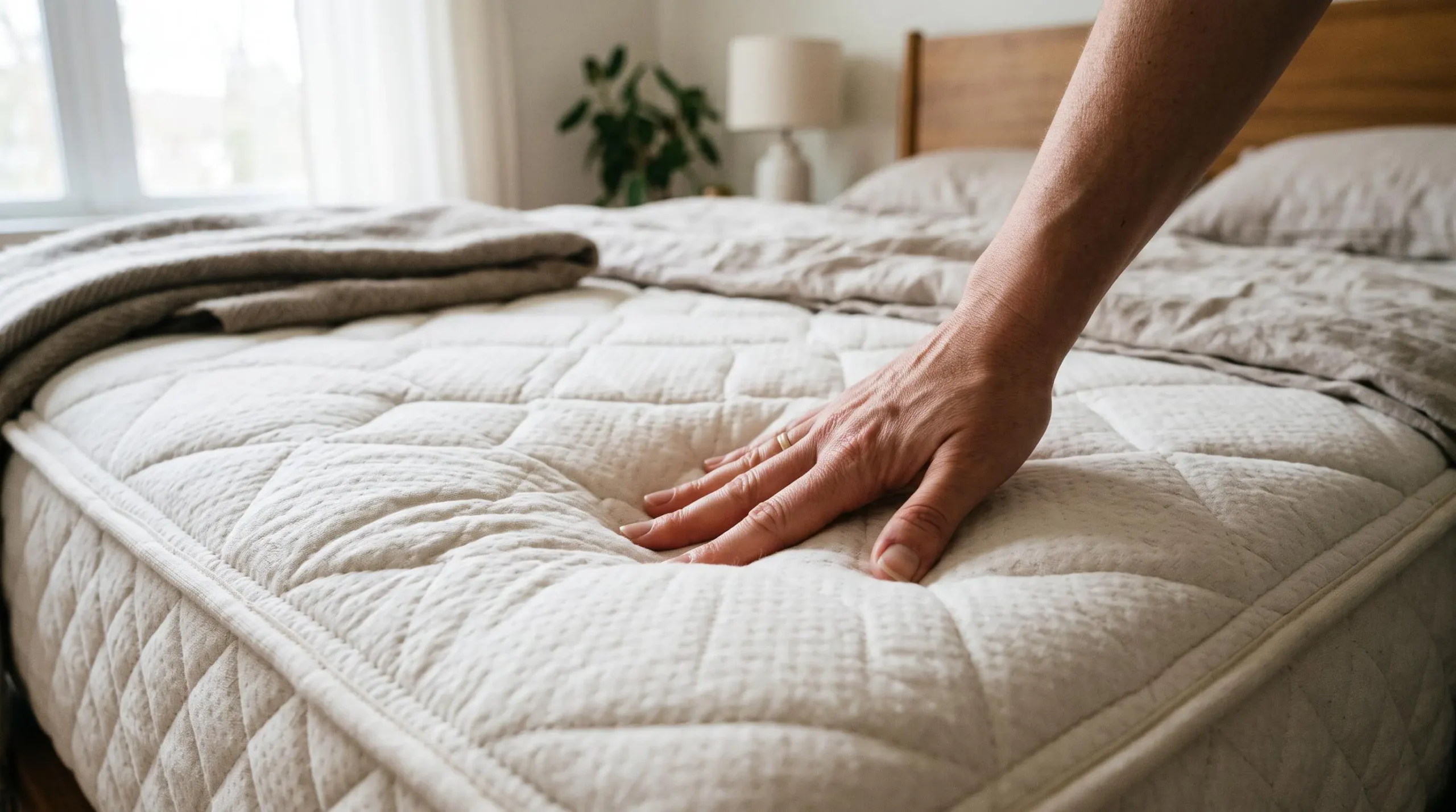 Une main appuie sur le garnissage moelleux d'un matelas dans une chambre.